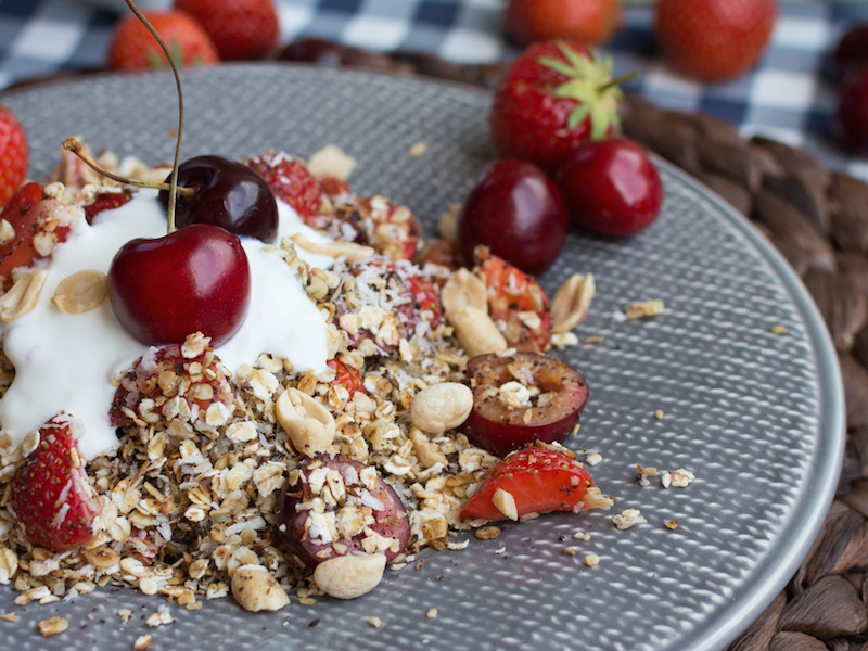 8.	Granola with cherries and strawberries